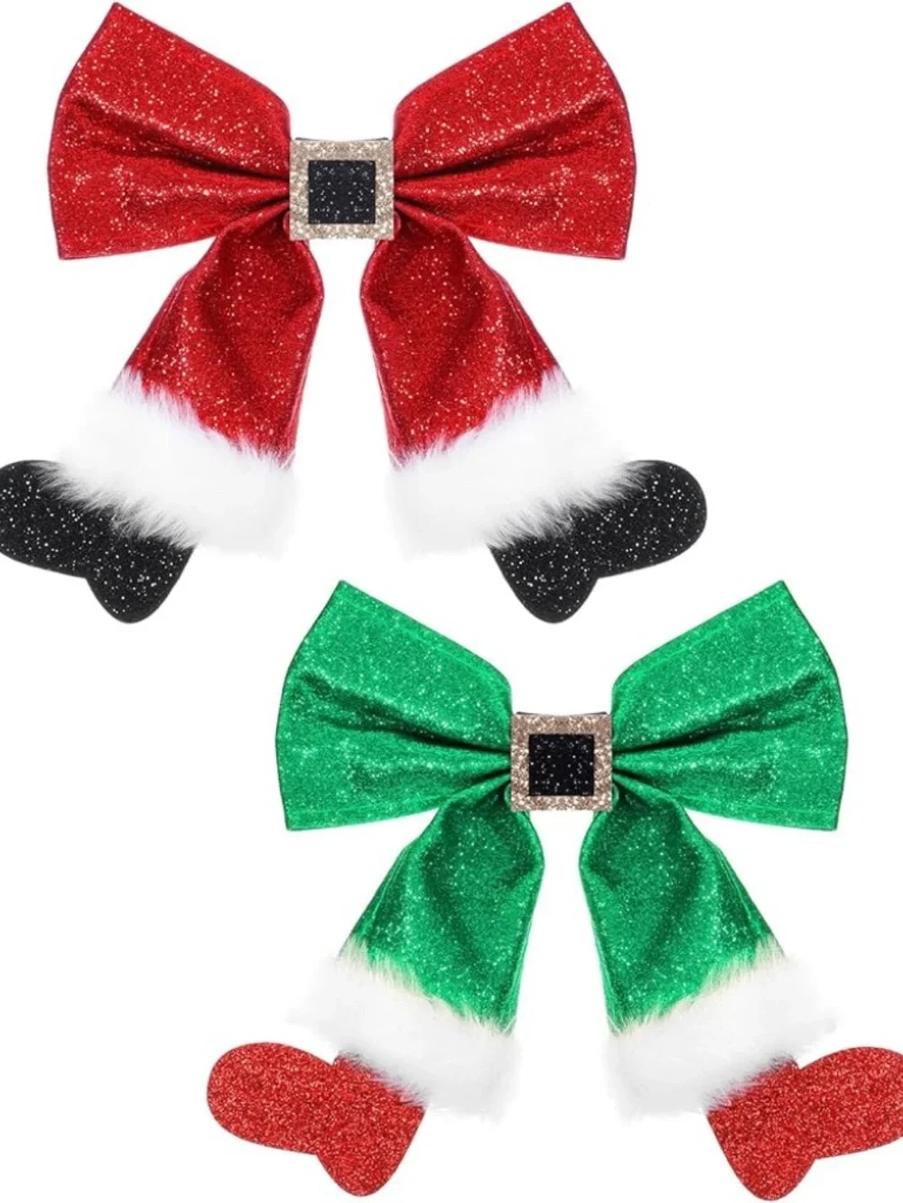 Christmas Glitter Bow Hair Clips Set of 2 Red Green Sequin Santa Holiday NWOT